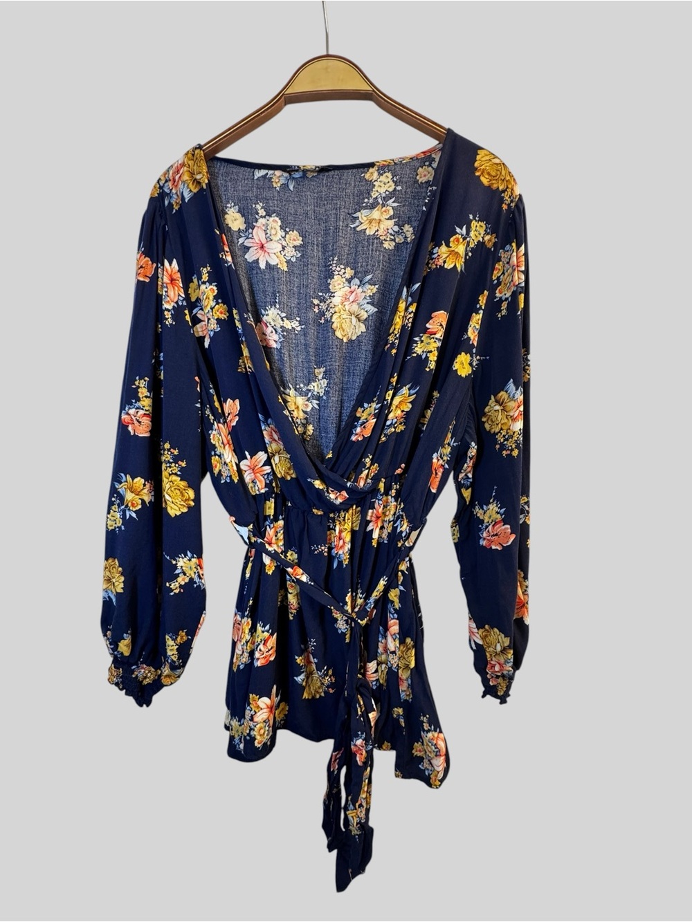 BloomChic Women’s Floral Blouse Navy Long Sleeve Wrap Front Belted Plus Size 22